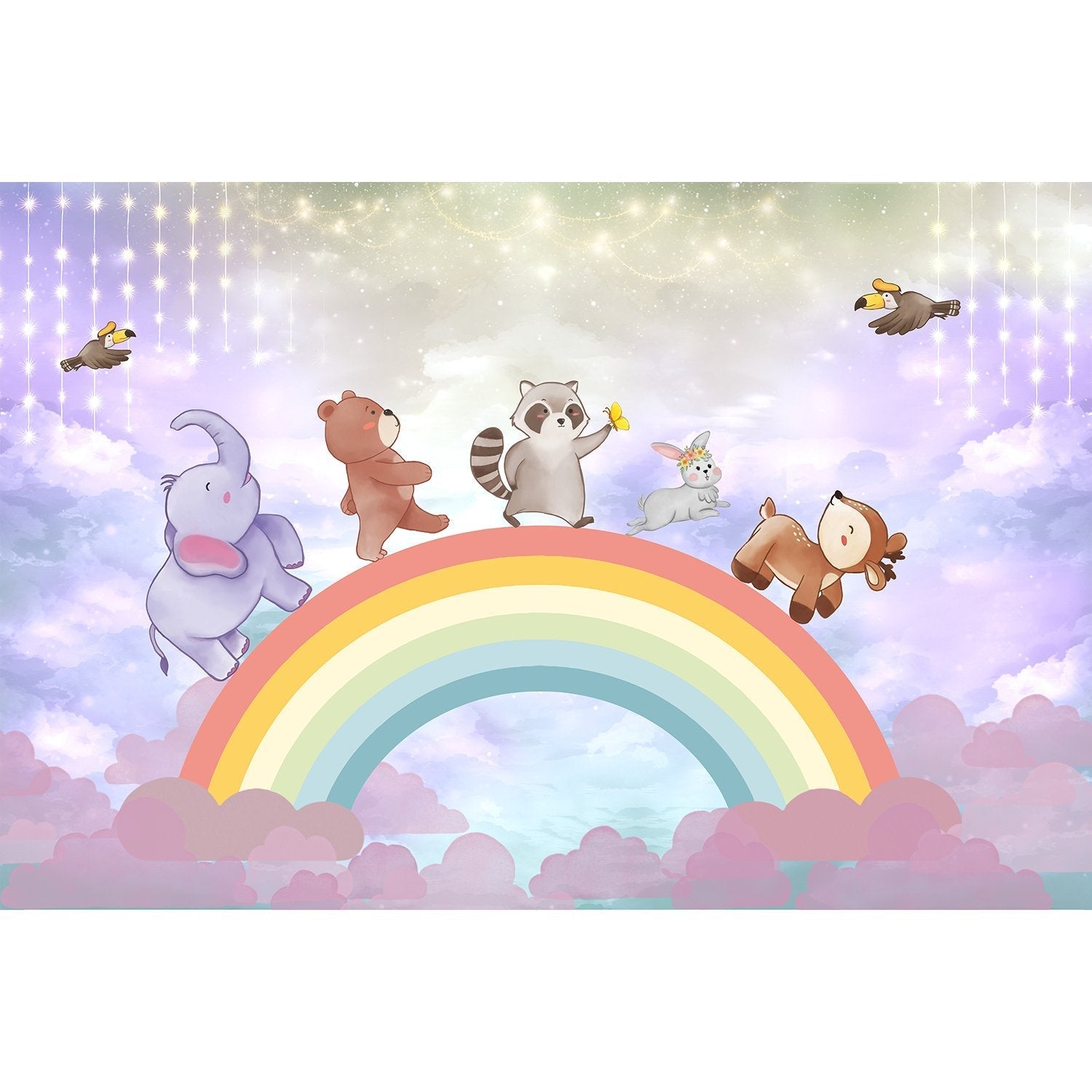Playful animal characters over rainbow lea - kids wallpaper mural-equal final