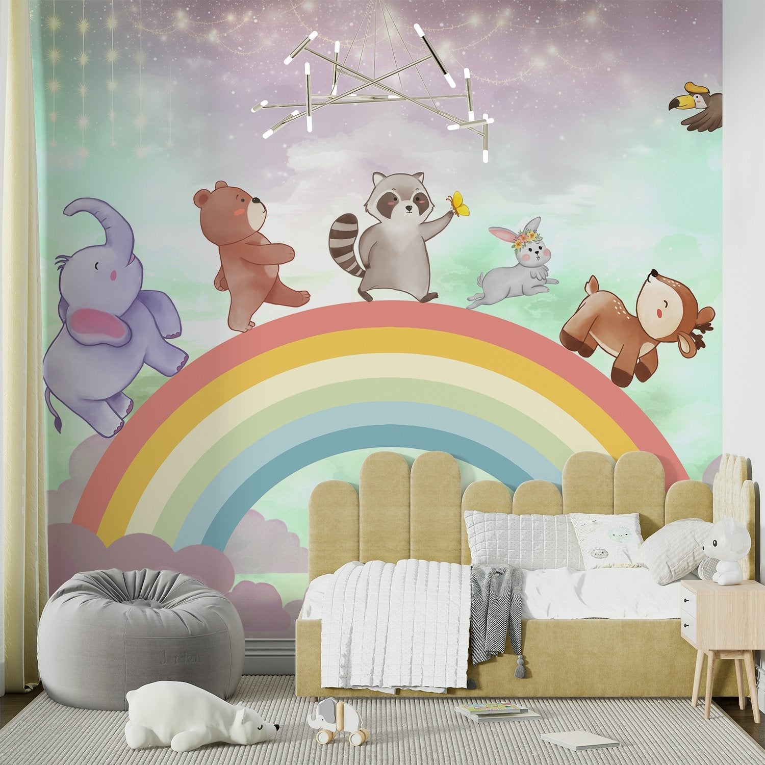 Cute cartoon animals dancing on rainbow with constellation mobile in dreamy pastel sky - view 11 - final