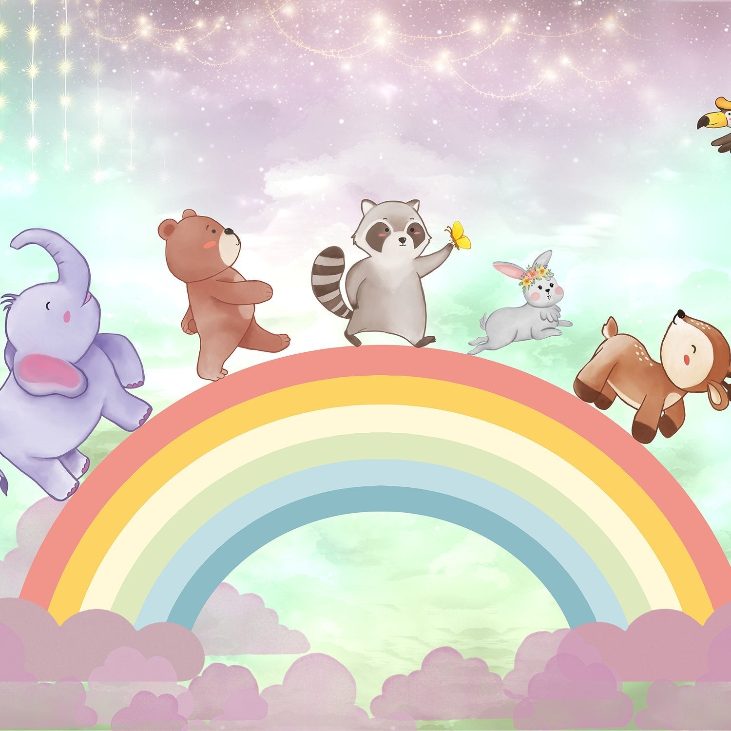 Cute cartoon animals dancing on rainbow with constellation mobile in dreamy pastel sky - view 12 - final