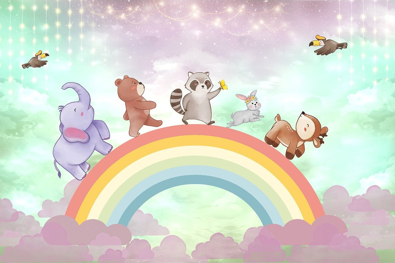 "Playful animal characters over rainbow lea - kids wallpaper mural-inequal final"