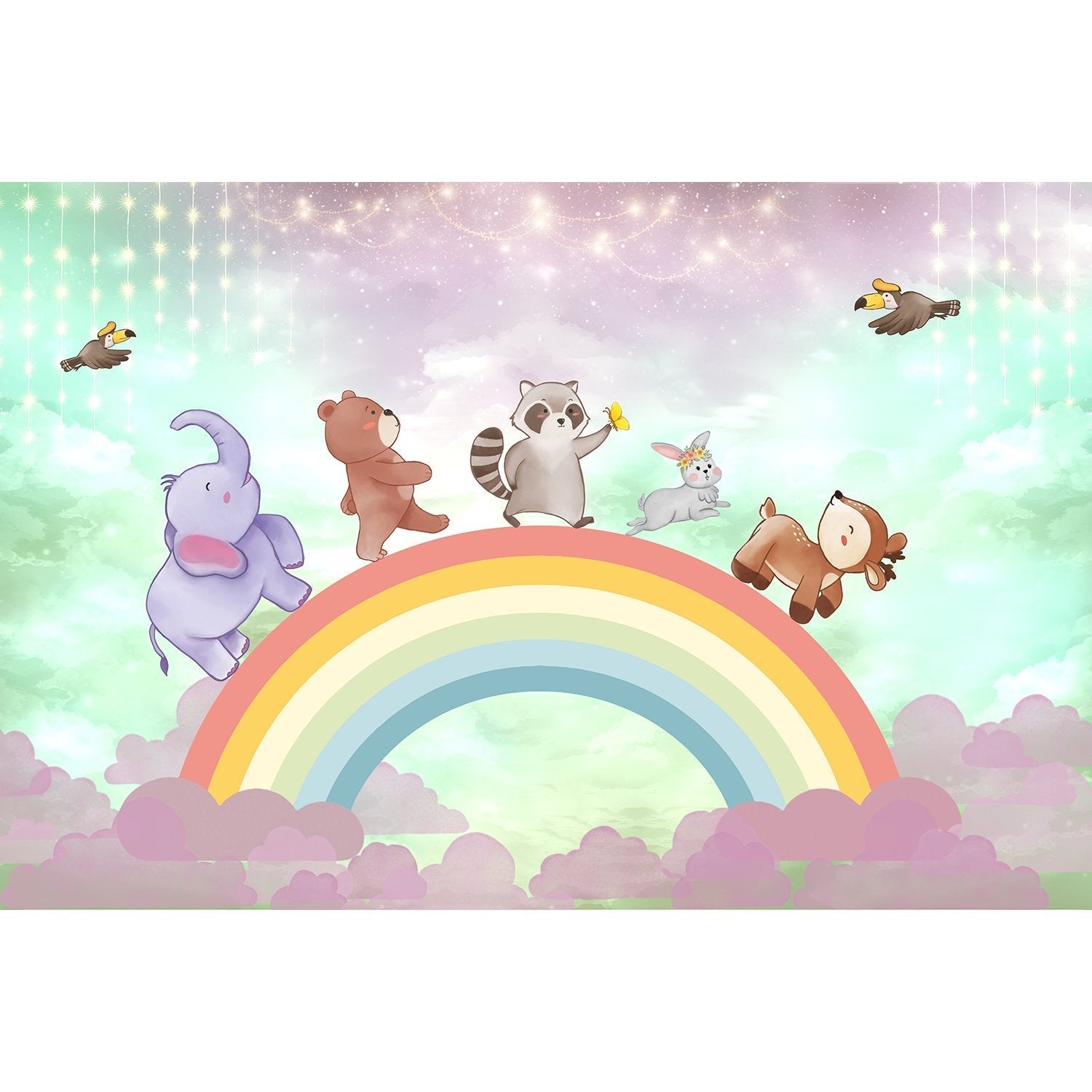 Playful animal characters over rainbow lea - kids wallpaper mural-equal final