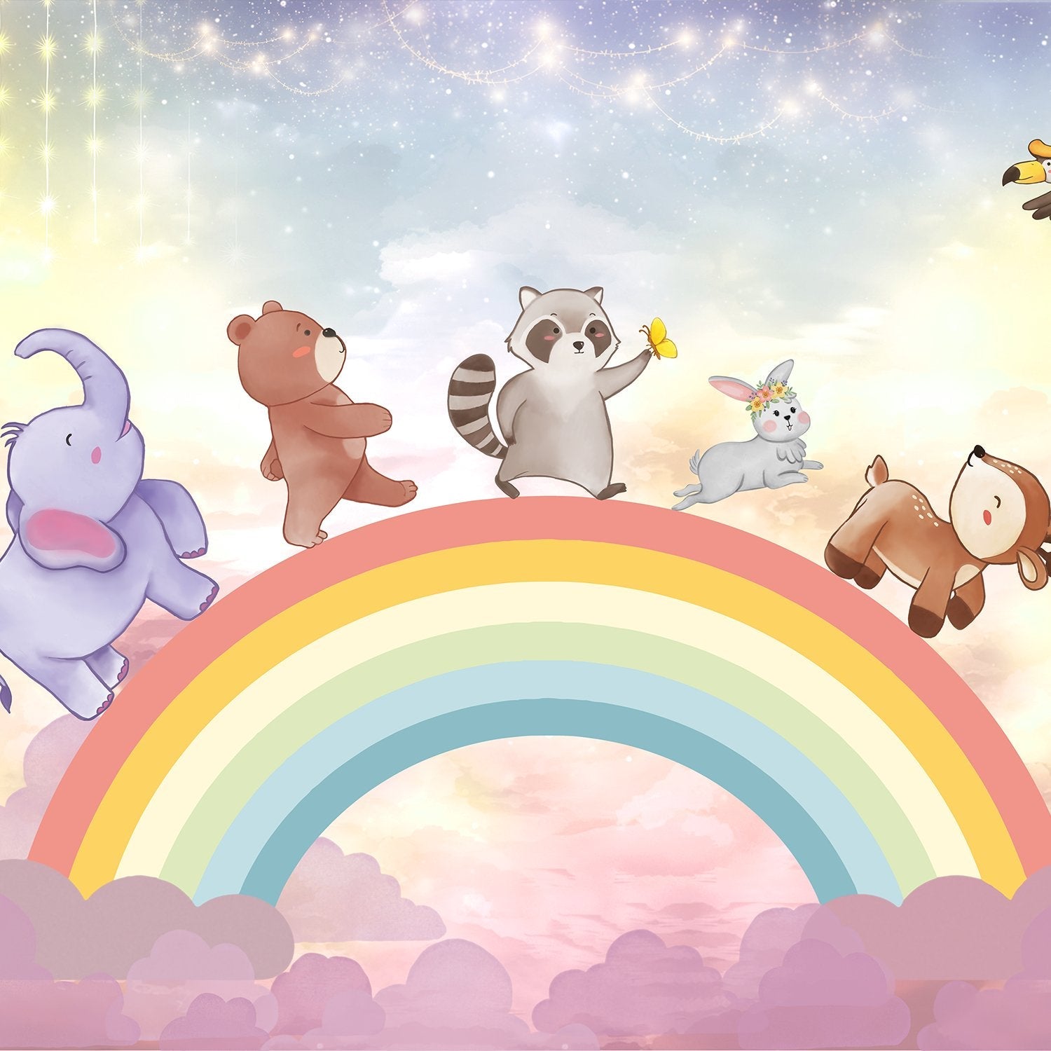 Cute cartoon animals dancing on rainbow with constellation mobile in dreamy pastel sky - view 2 - final
