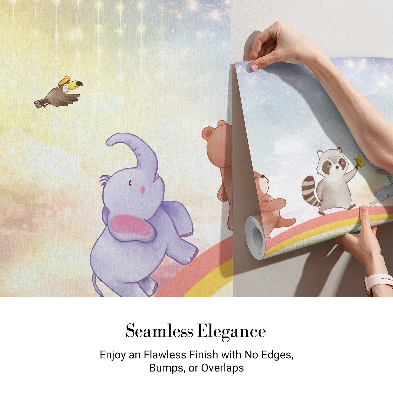 Cute cartoon animals dancing on rainbow with constellation mobile in dreamy pastel sky - view 3 - final