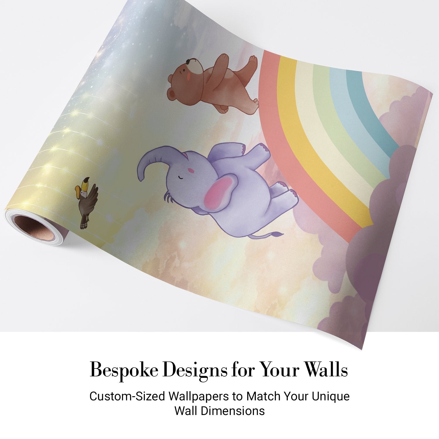 Cute cartoon animals dancing on rainbow with constellation mobile in dreamy pastel sky - view 4 - final