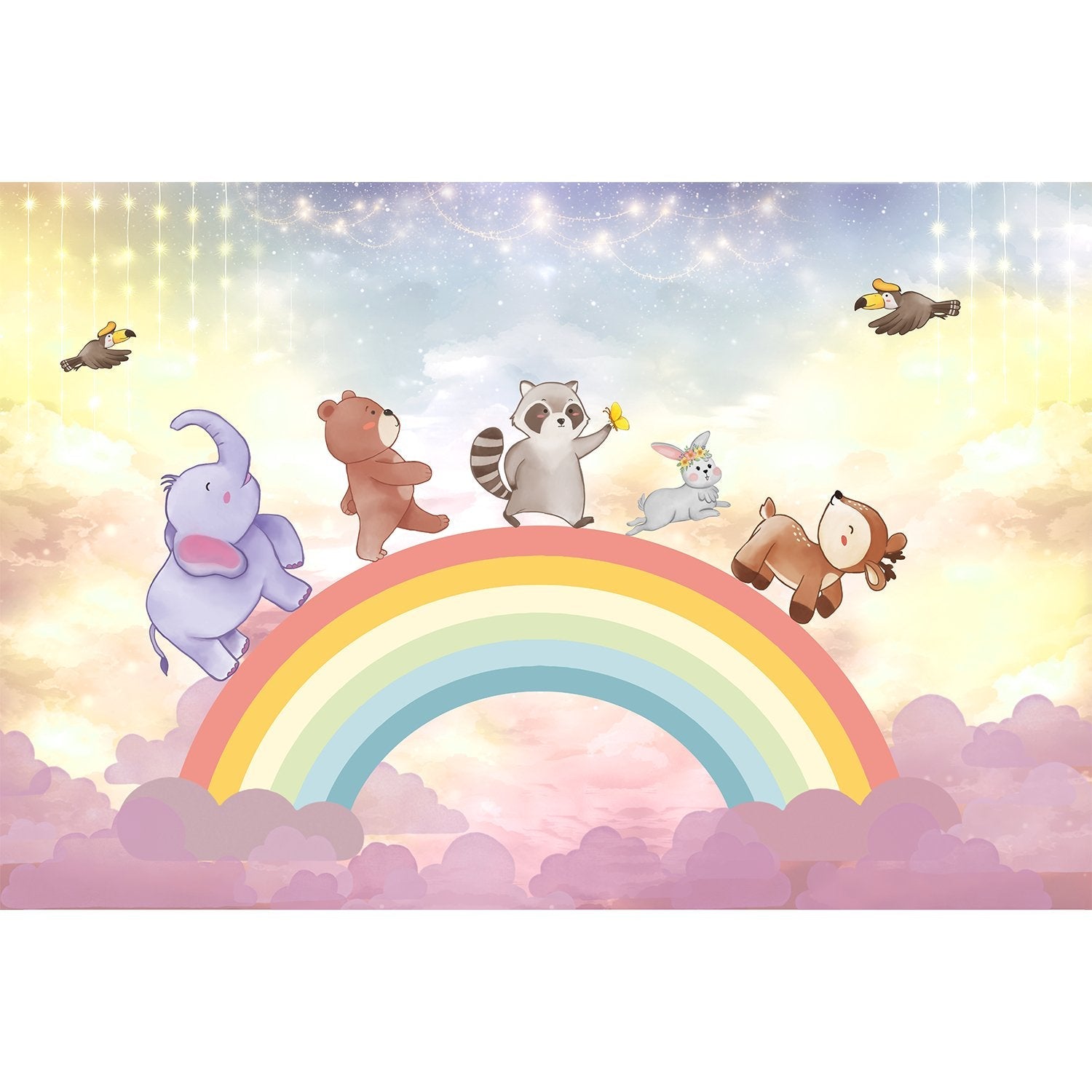 Playful animal characters over rainbow lea - kids wallpaper mural-equal final
