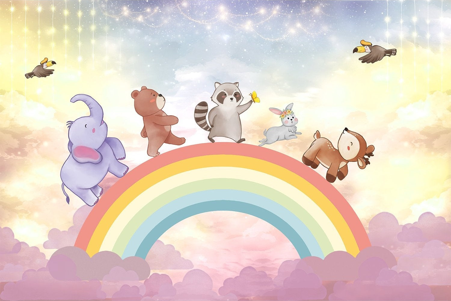 "Playful animal characters over rainbow lea - kids wallpaper mural-inequal final"