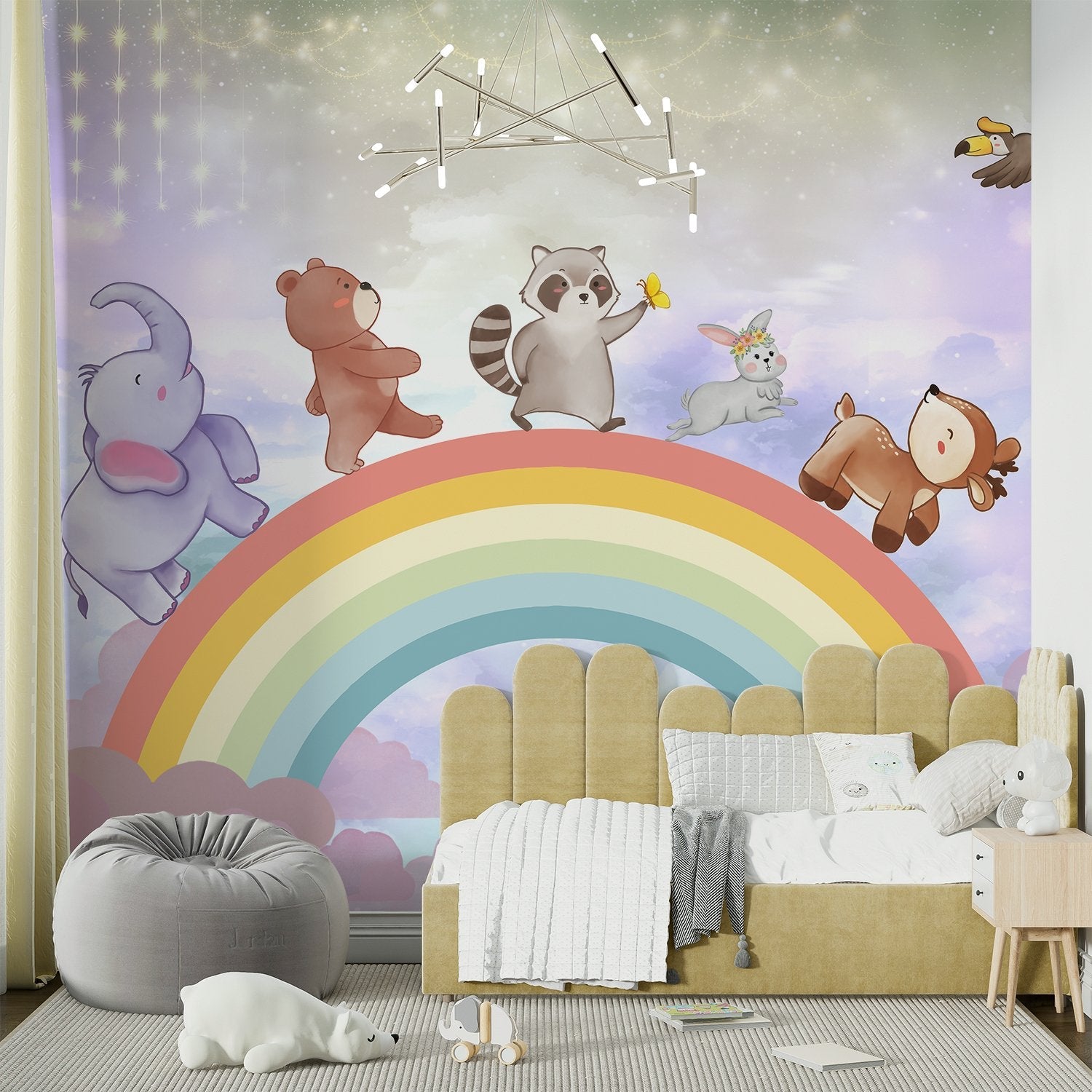 Cute cartoon animals dancing on rainbow with constellation mobile in dreamy pastel sky - view 7 - final