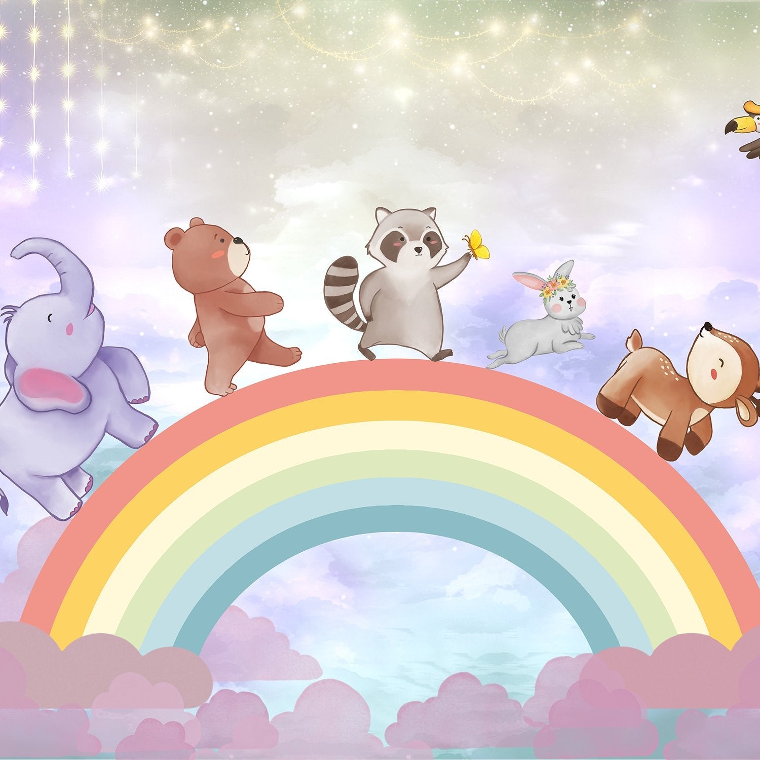 Cute cartoon animals dancing on rainbow with constellation mobile in dreamy pastel sky - view 8 - final