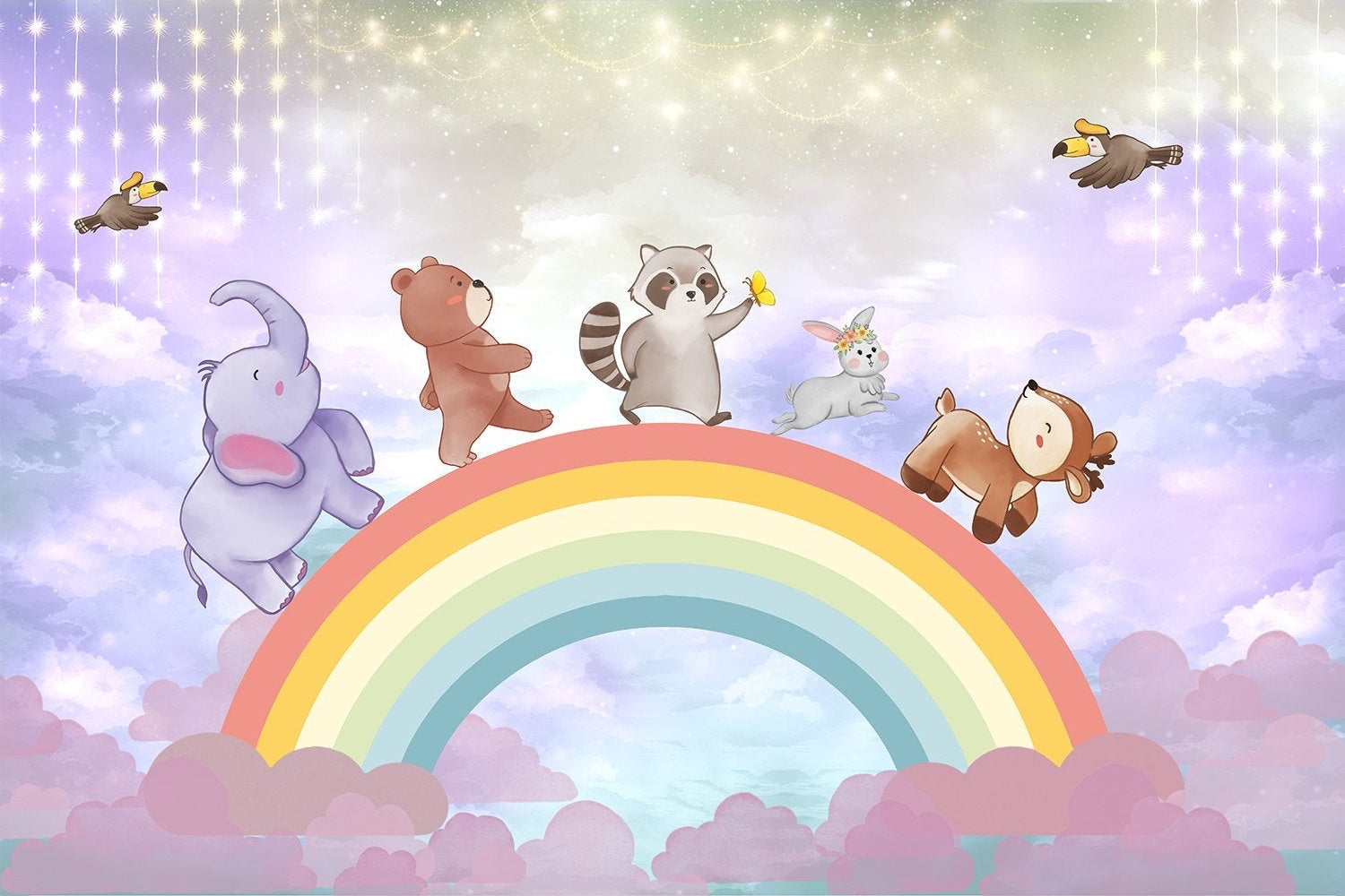 "Playful animal characters over rainbow lea - kids wallpaper mural-inequal final"