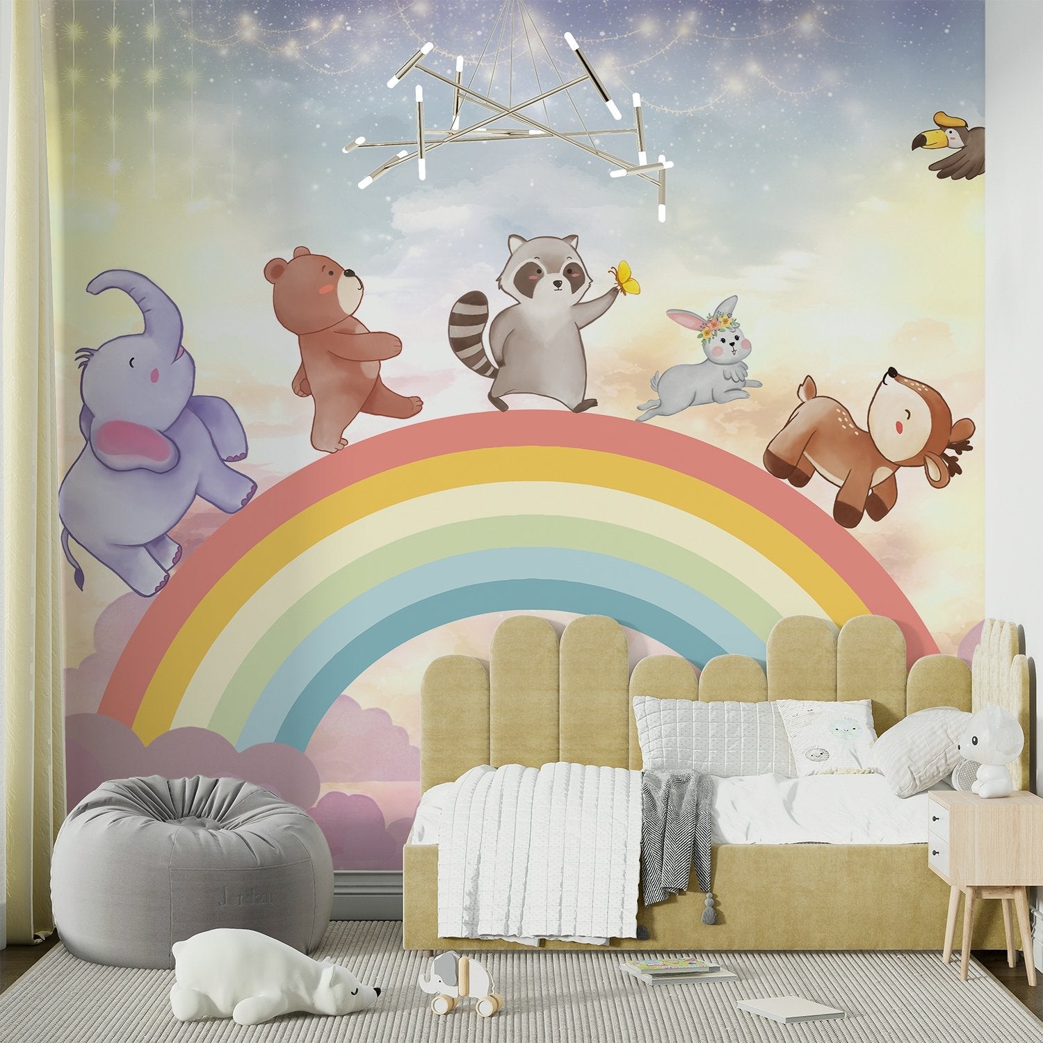 Cute cartoon animals dancing on rainbow with constellation mobile in dreamy pastel sky - final kids-room