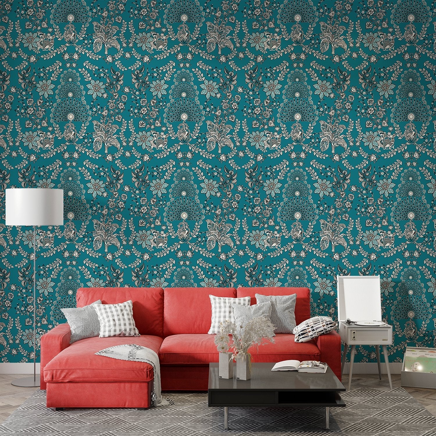 Ornate red and silver damask print with intricate floral medallions and traditional Persian motifs - view 11 - final