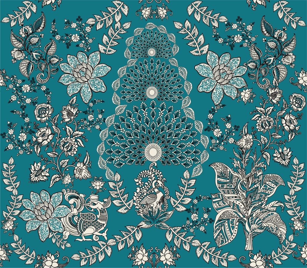 Ornate red and silver damask print with intricate floral medallions and traditional Persian motifs - view 14 - repeat-small - final