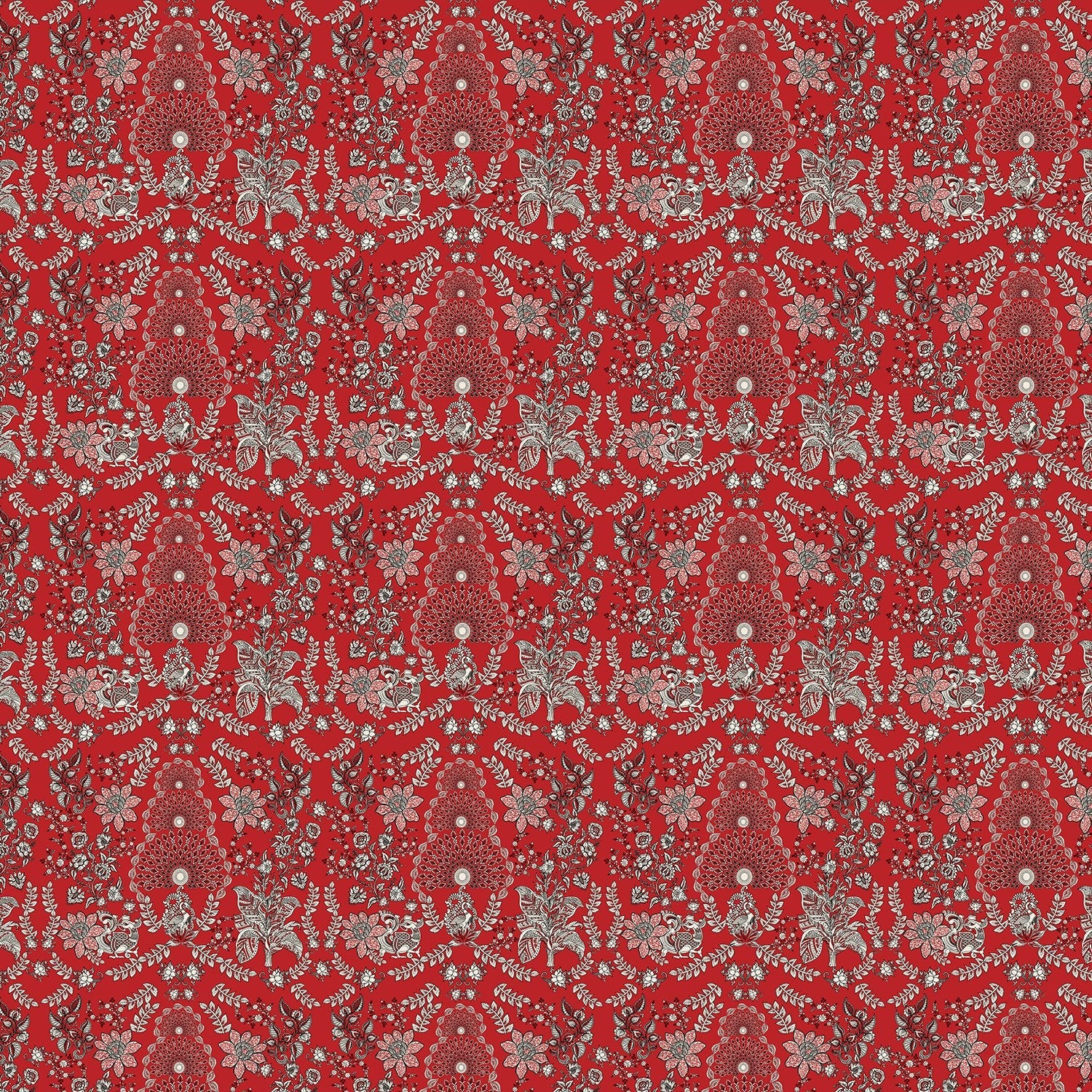 Ornate red and silver damask print with intricate floral medallions and traditional Persian motifs - view 2 - final