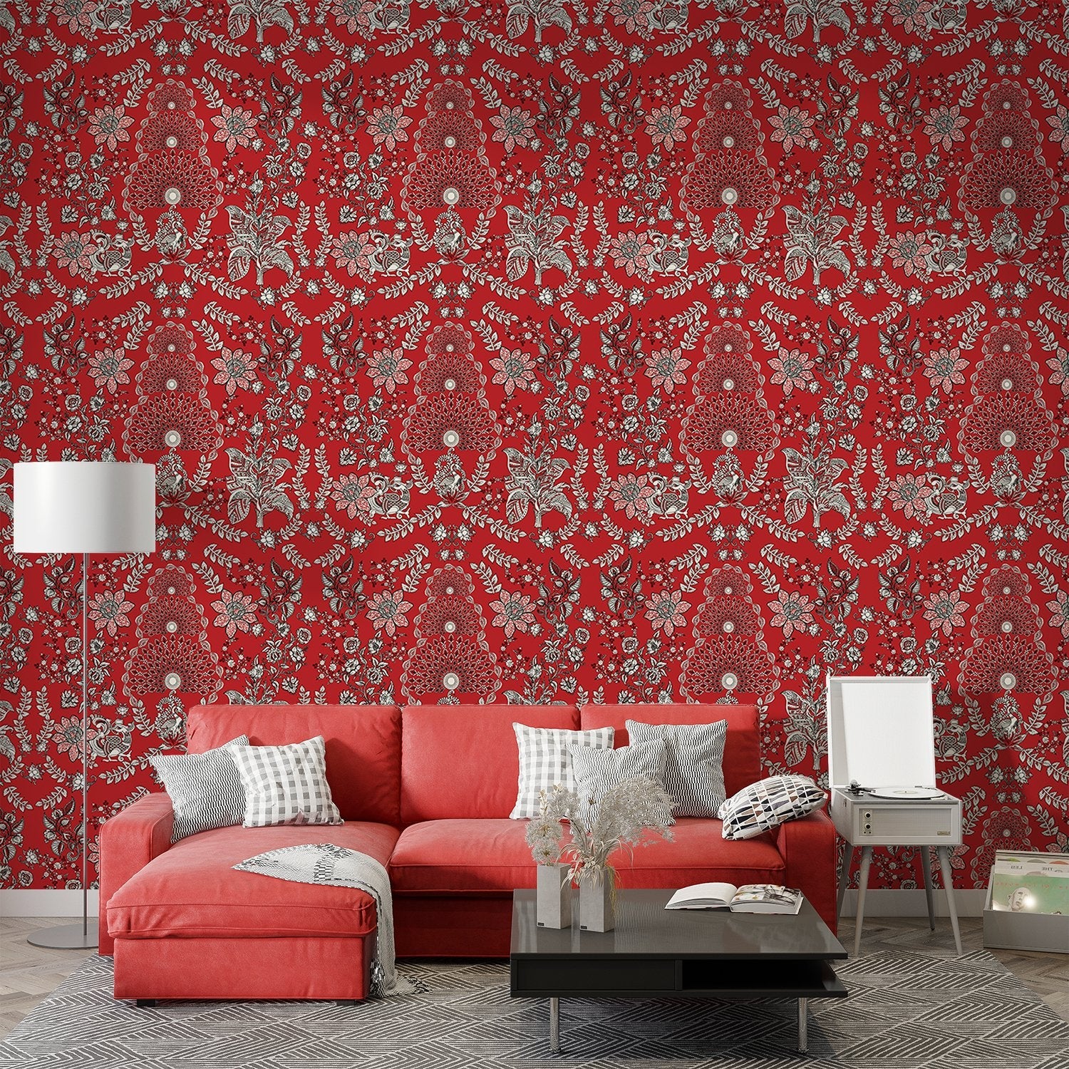 Ornate red and silver damask print with intricate floral medallions and traditional Persian motifs - view 3 - final living-room