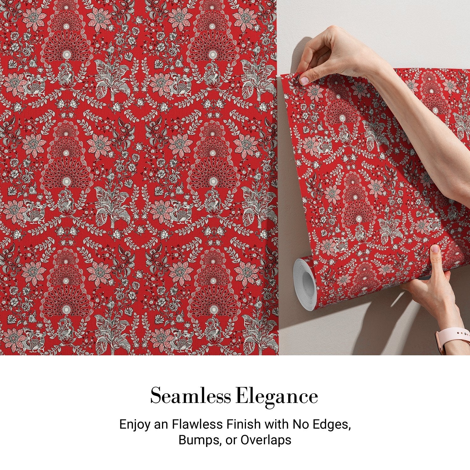 Ornate red and silver damask print with intricate floral medallions and traditional Persian motifs - view 4 - final