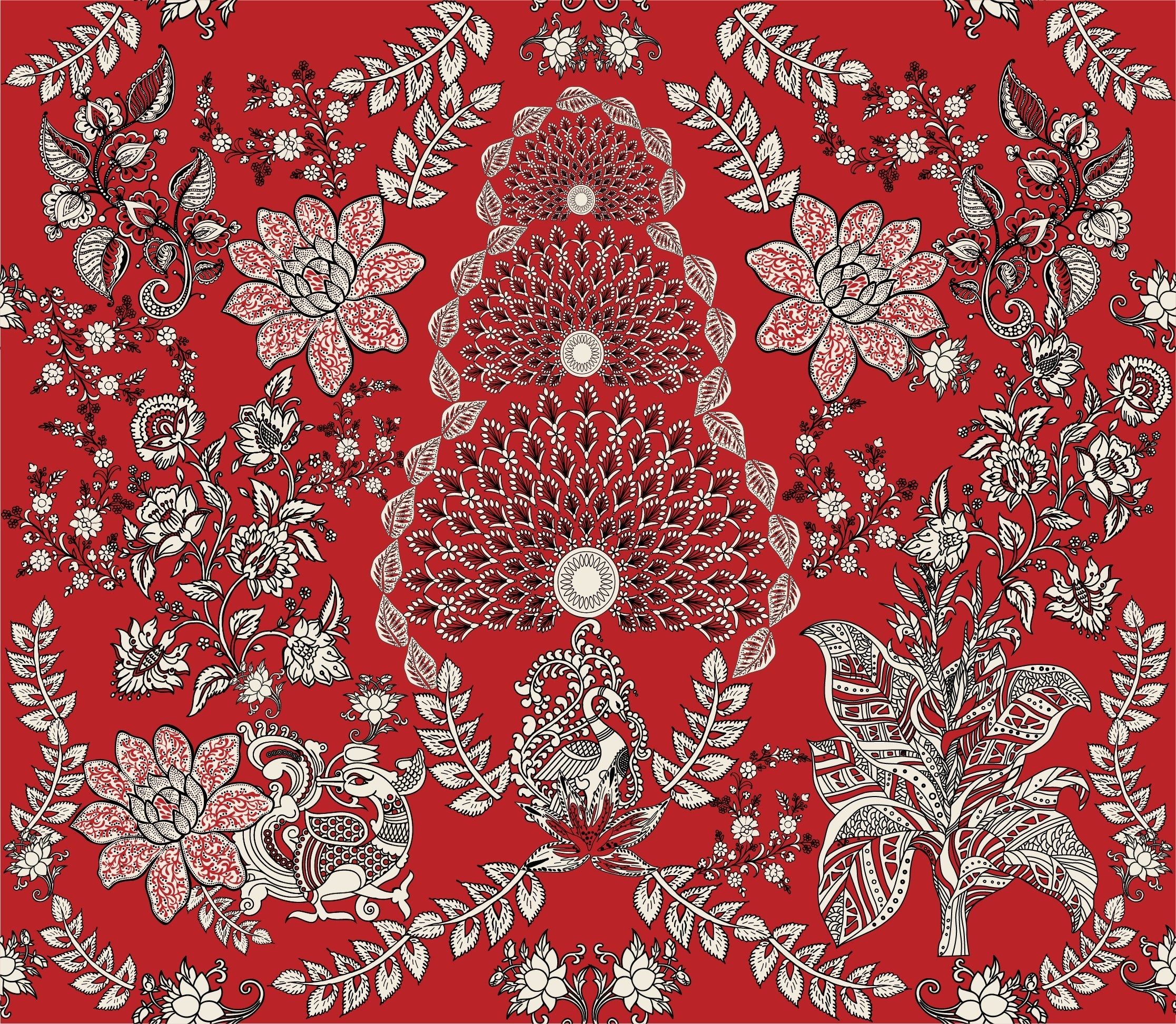 Ornate red and silver damask print with intricate floral medallions and traditional Persian motifs - view 7 - repeat-original - final