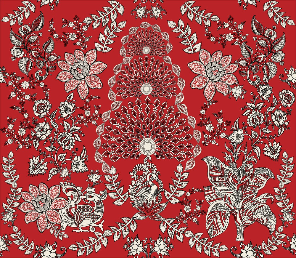 Ornate red and silver damask print with intricate floral medallions and traditional Persian motifs - view 8 - repeat-small - final
