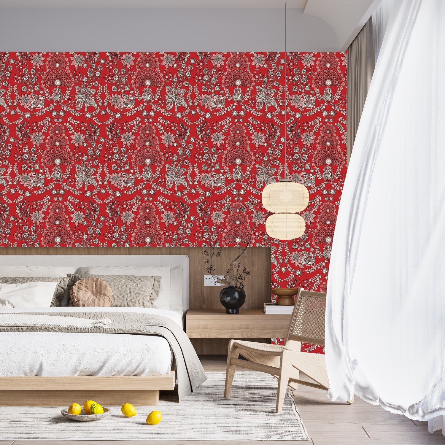 Ornate red and silver damask print with intricate floral medallions and traditional Persian motifs - final bed-room