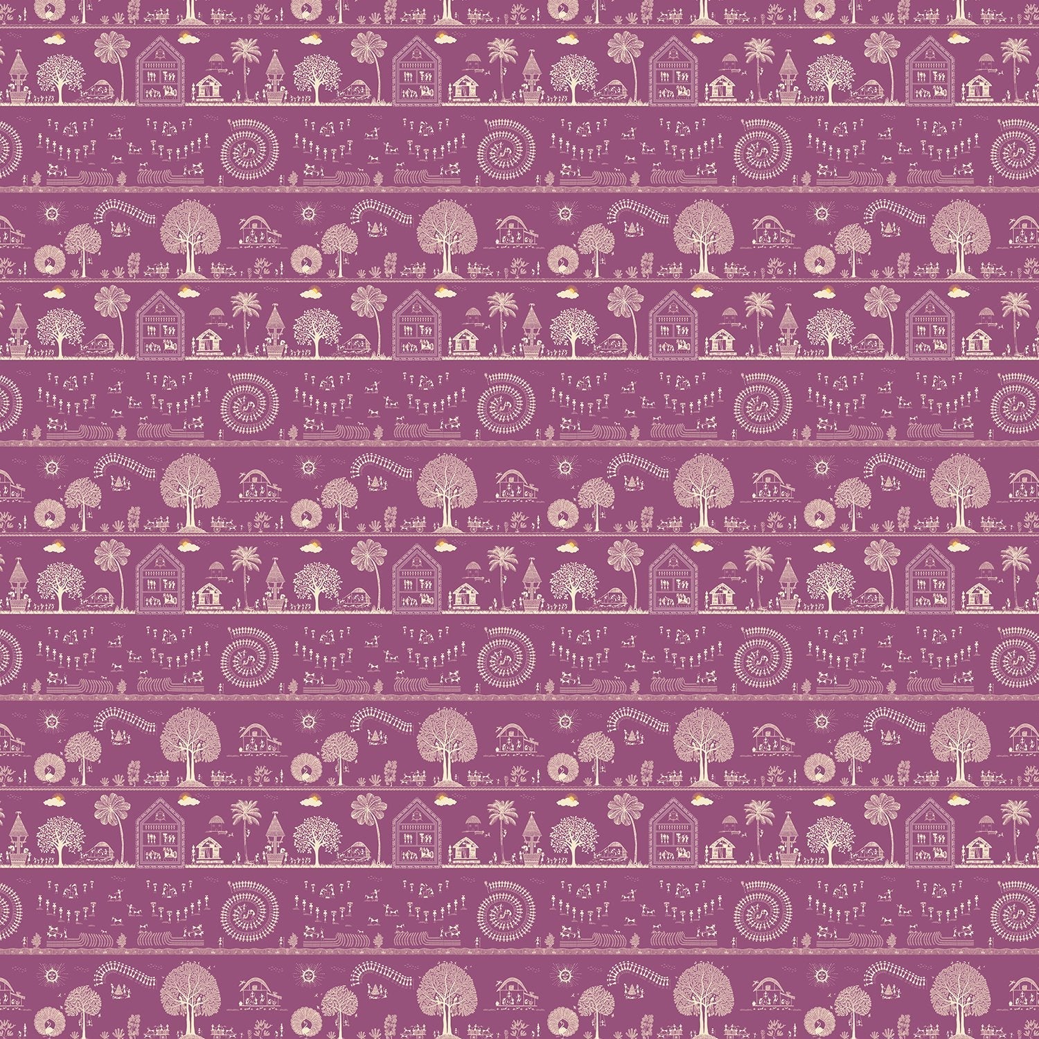 Traditional Warli folk art motifs in white on deep red background with repeating trees - view 10 - final