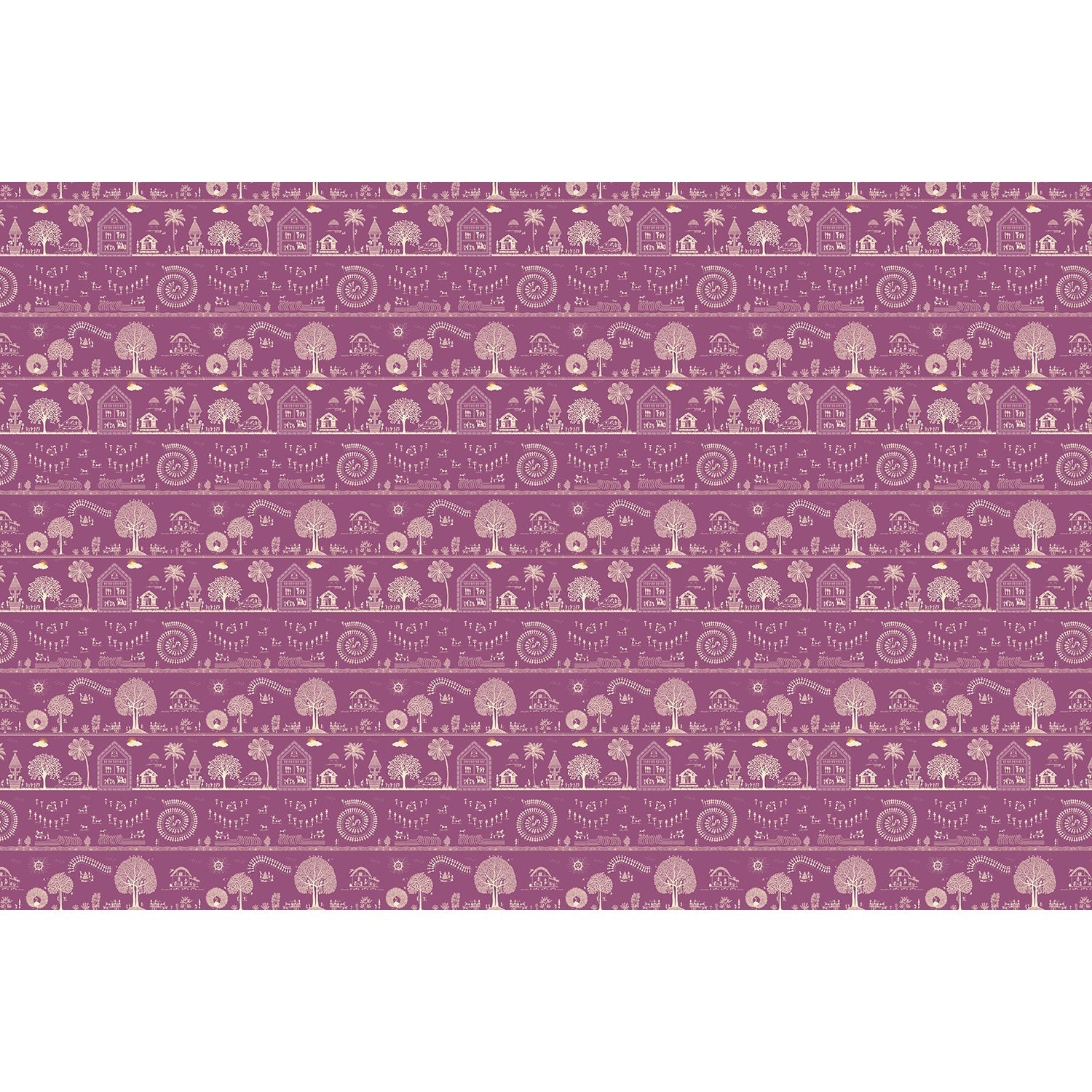 Traditional Warli folk art motifs in white on deep red background with repeating trees - view 11 - final