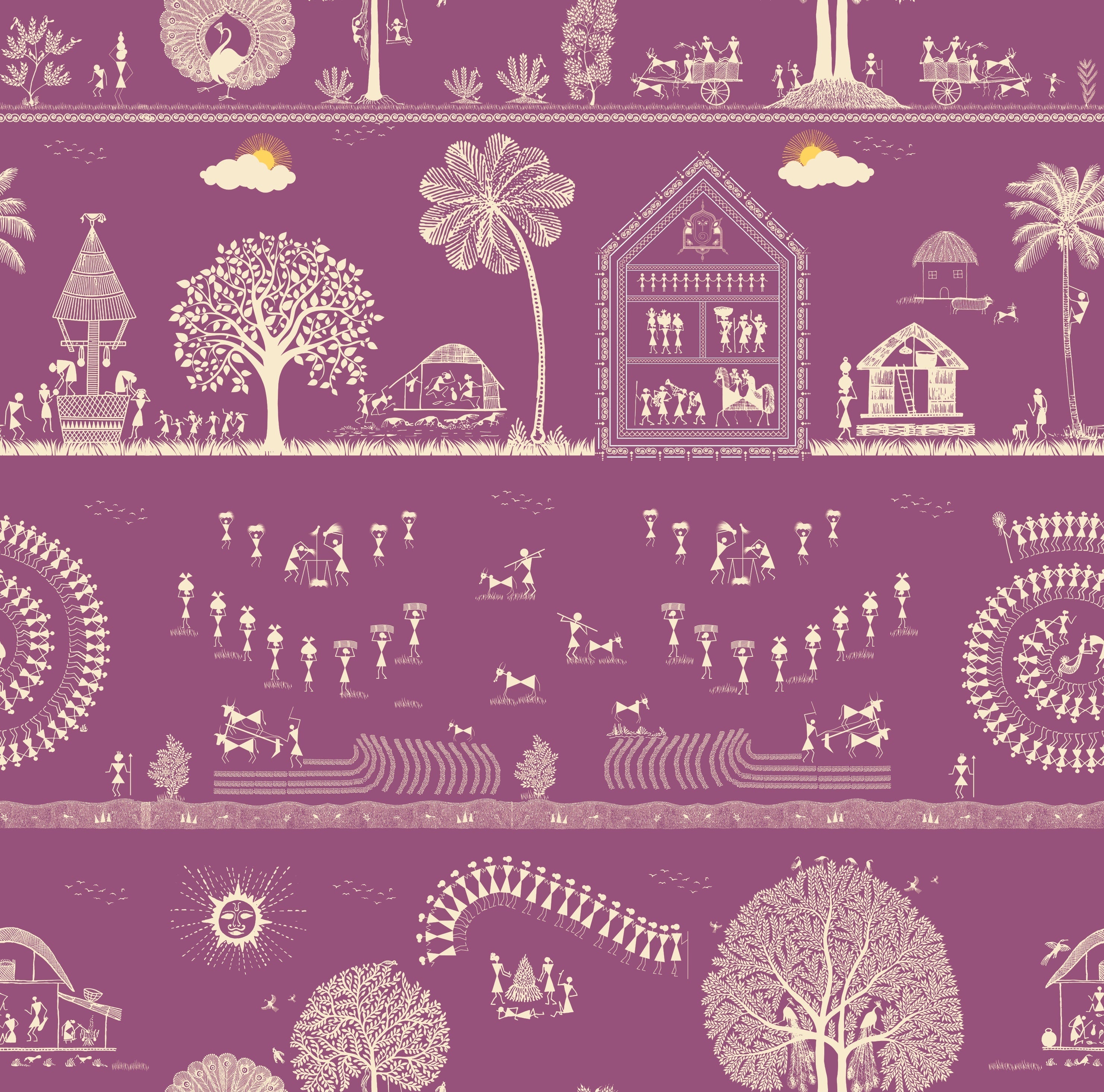 Traditional Warli folk art motifs in white on deep red background with repeating trees - view 12 - repeat-original - final
