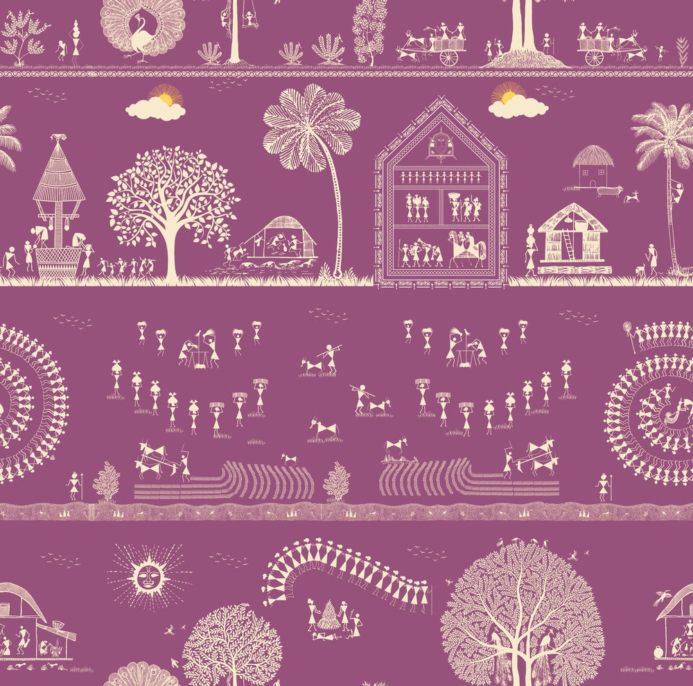 Traditional Warli folk art motifs in white on deep red background with repeating trees - view 13 - repeat-small - final