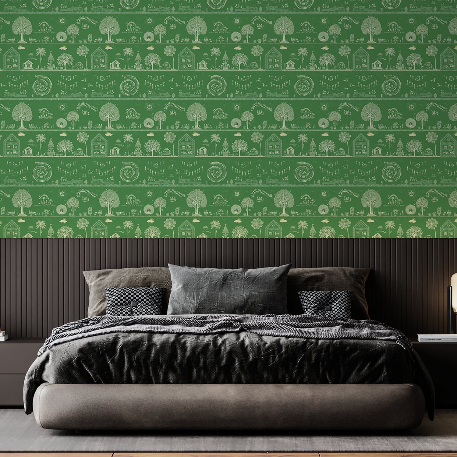 Traditional Warli folk art motifs in white on deep red background with repeating trees - view 14 - final