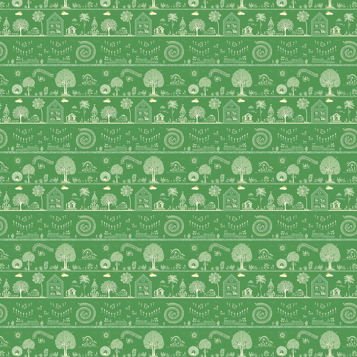 Traditional Warli folk art motifs in white on deep red background with repeating trees - view 15 - final