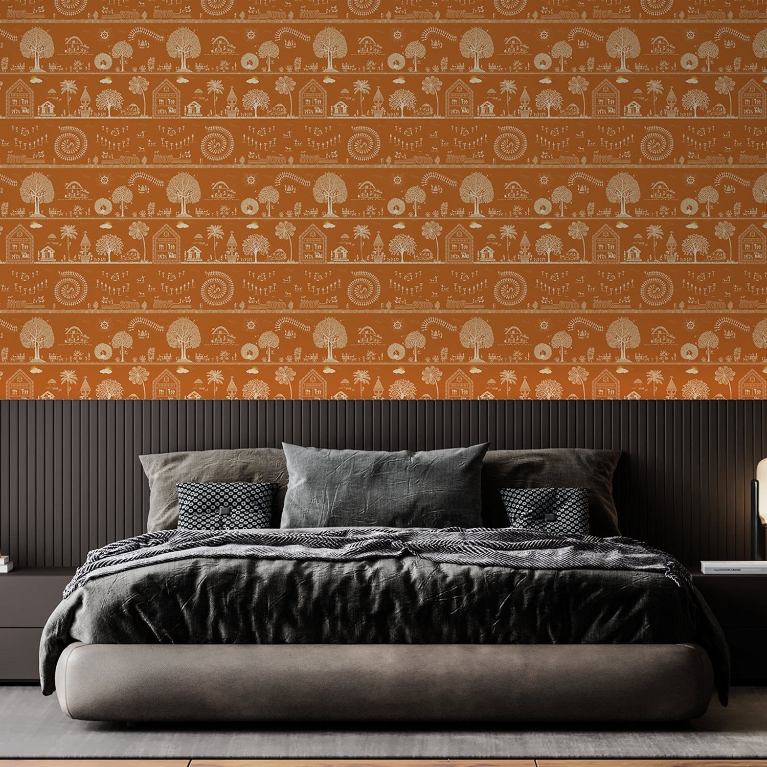 Traditional Warli folk art motifs in white on deep red background with repeating trees - view 19 - final