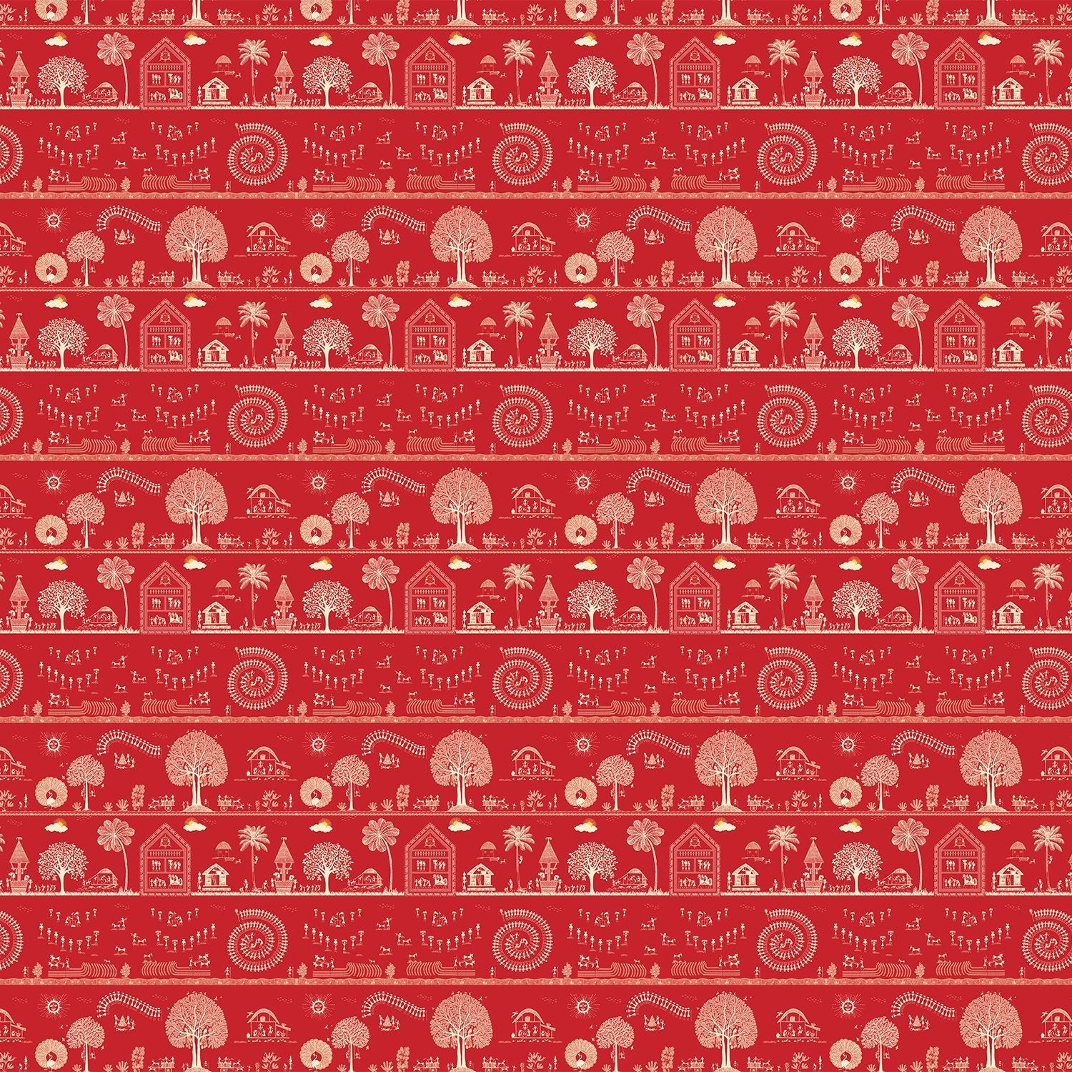 Traditional Warli folk art motifs in white on deep red background with repeating trees - view 2 - final