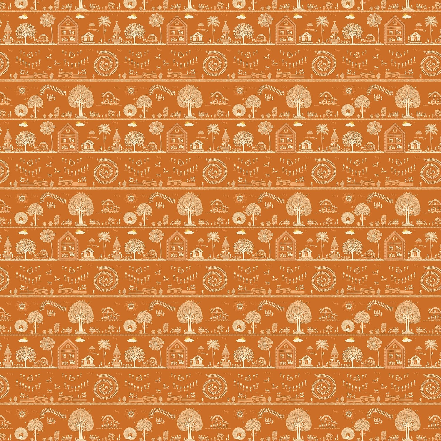 Traditional Warli folk art motifs in white on deep red background with repeating trees - view 20 - final