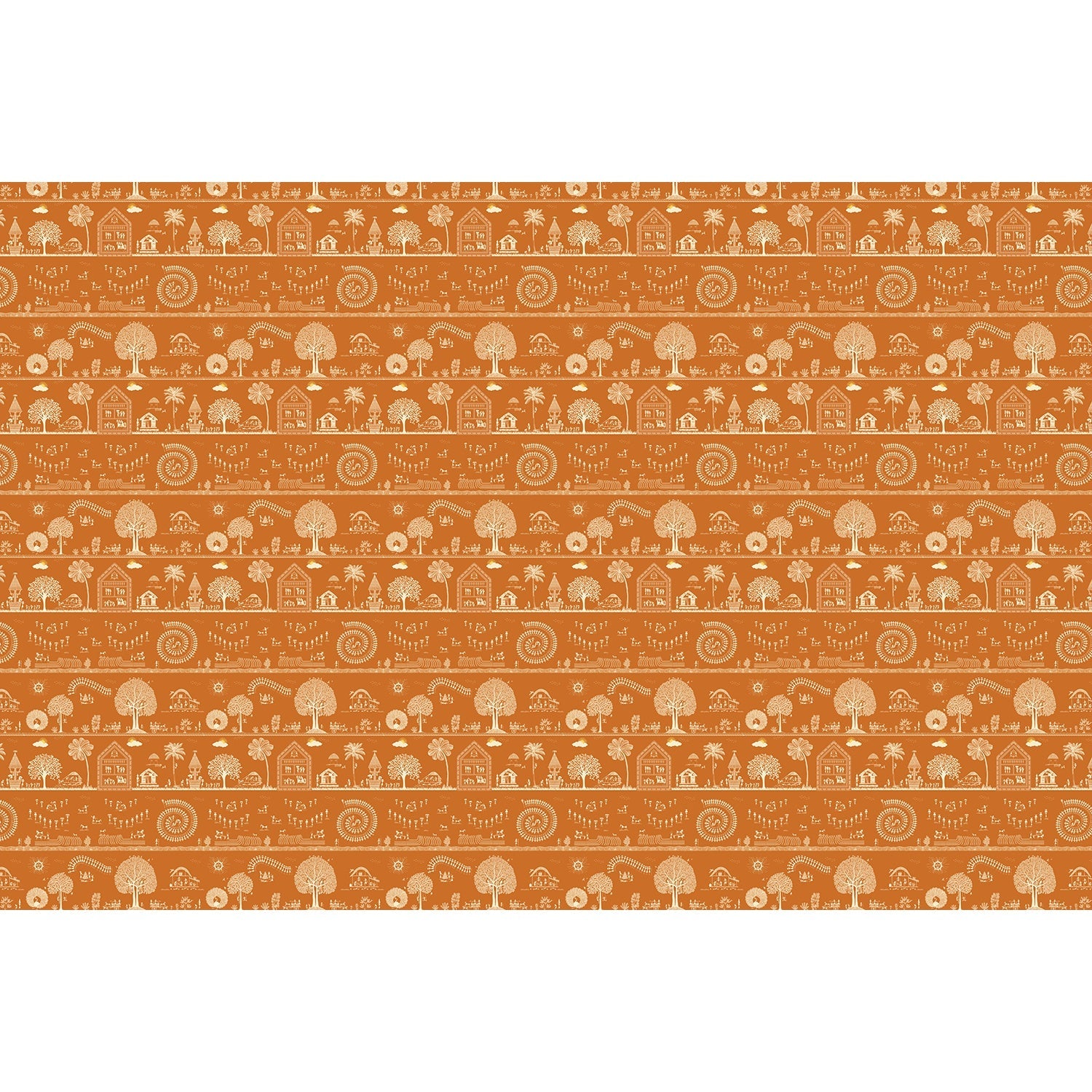 Traditional Warli folk art motifs in white on deep red background with repeating trees - view 21 - final