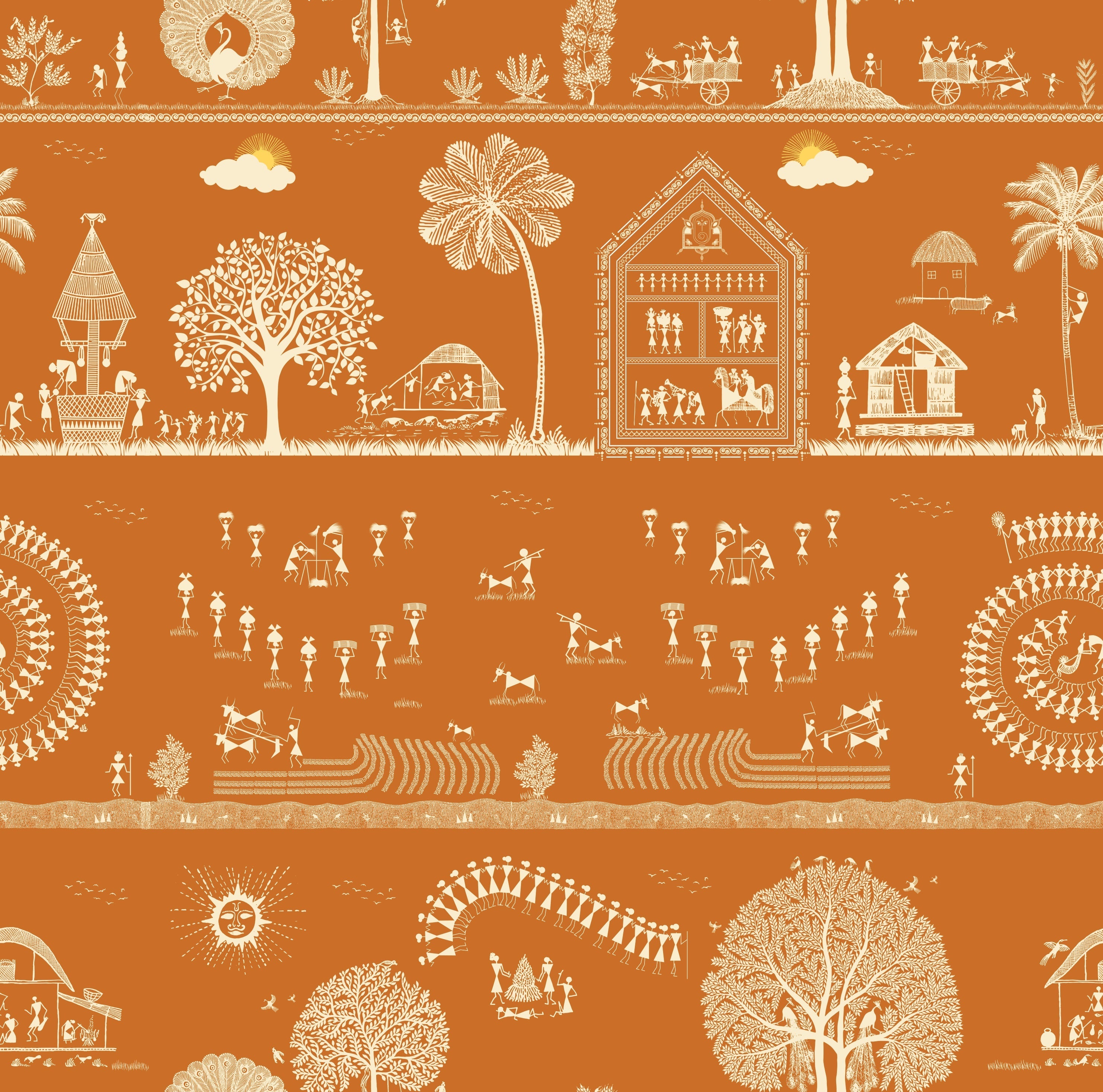 Traditional Warli folk art motifs in white on deep red background with repeating trees - view 22 - repeat-original - final