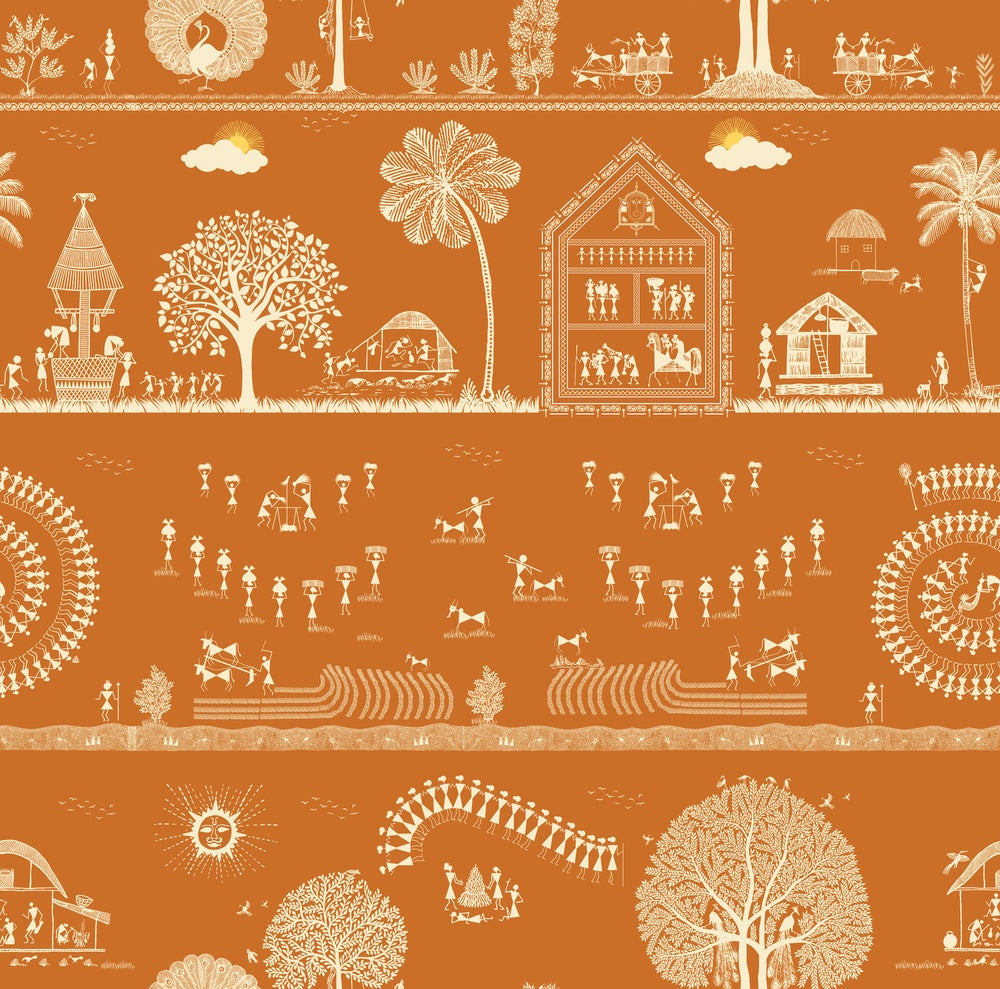 Traditional Warli folk art motifs in white on deep red background with repeating trees - view 23 - repeat-small - final