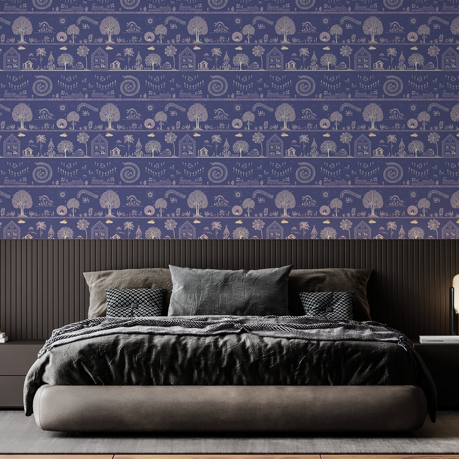 Traditional Warli folk art motifs in white on deep red background with repeating trees - view 24 - final