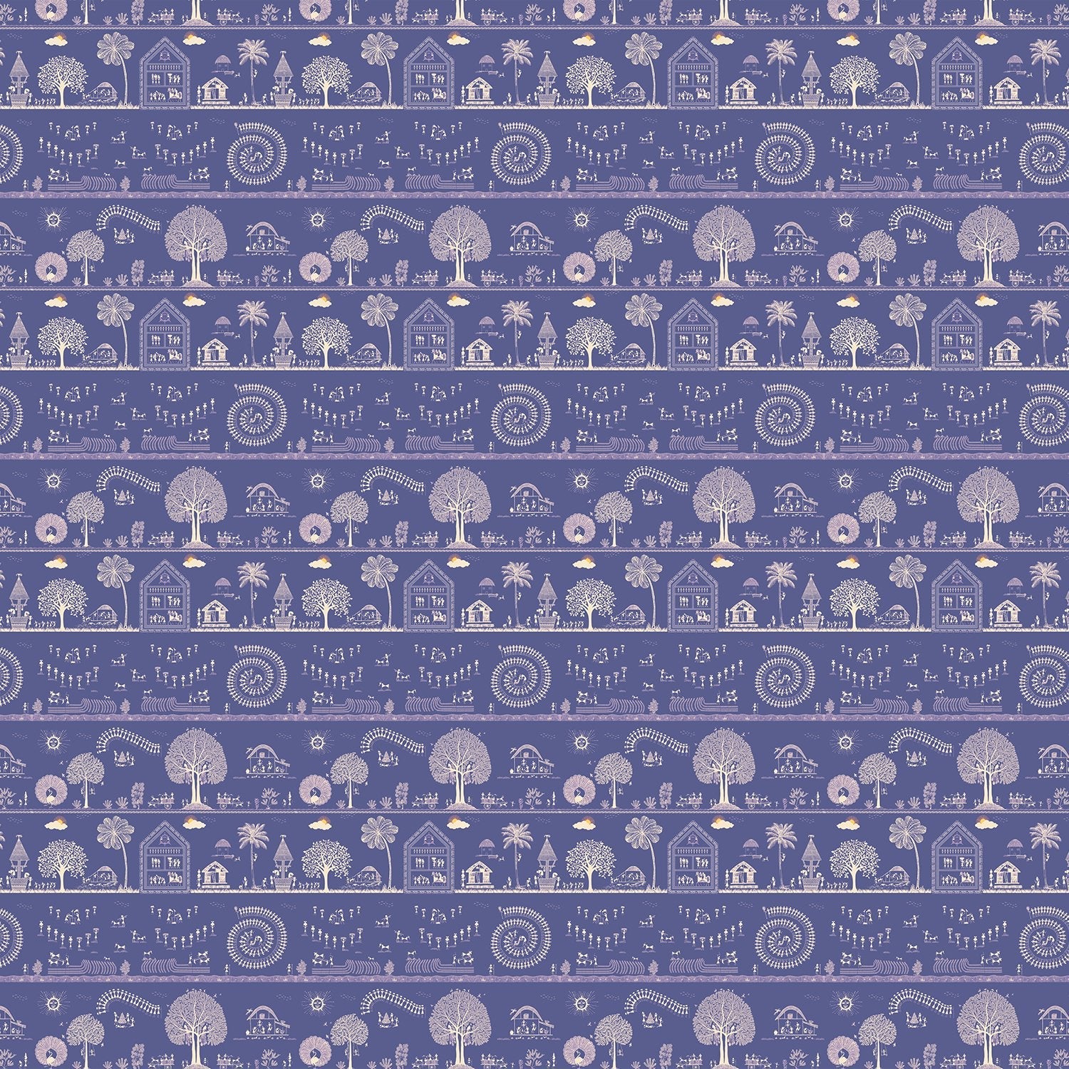 Traditional Warli folk art motifs in white on deep red background with repeating trees - view 25 - final