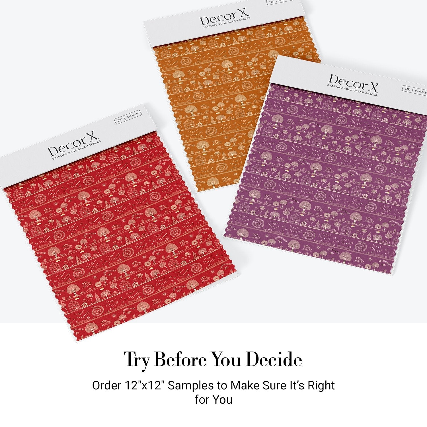 Traditional Warli folk art motifs in white on deep red background with repeating trees - view 29 - final all-groups samples