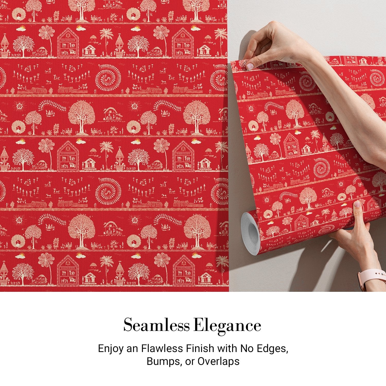 Traditional Warli folk art motifs in white on deep red background with repeating trees - view 3 - final