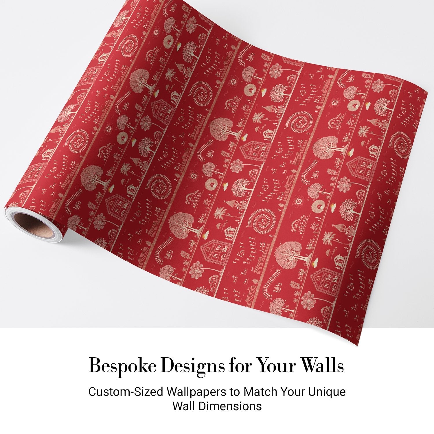 Traditional Warli folk art motifs in white on deep red background with repeating trees - view 4 - final