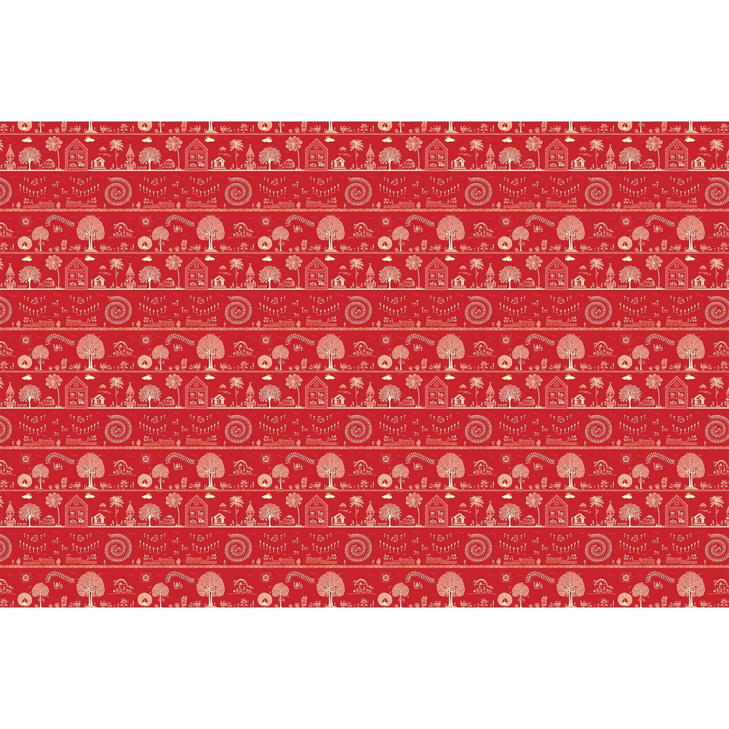 Traditional Warli folk art motifs in white on deep red background with repeating trees - view 5 - repeat-full-square - final