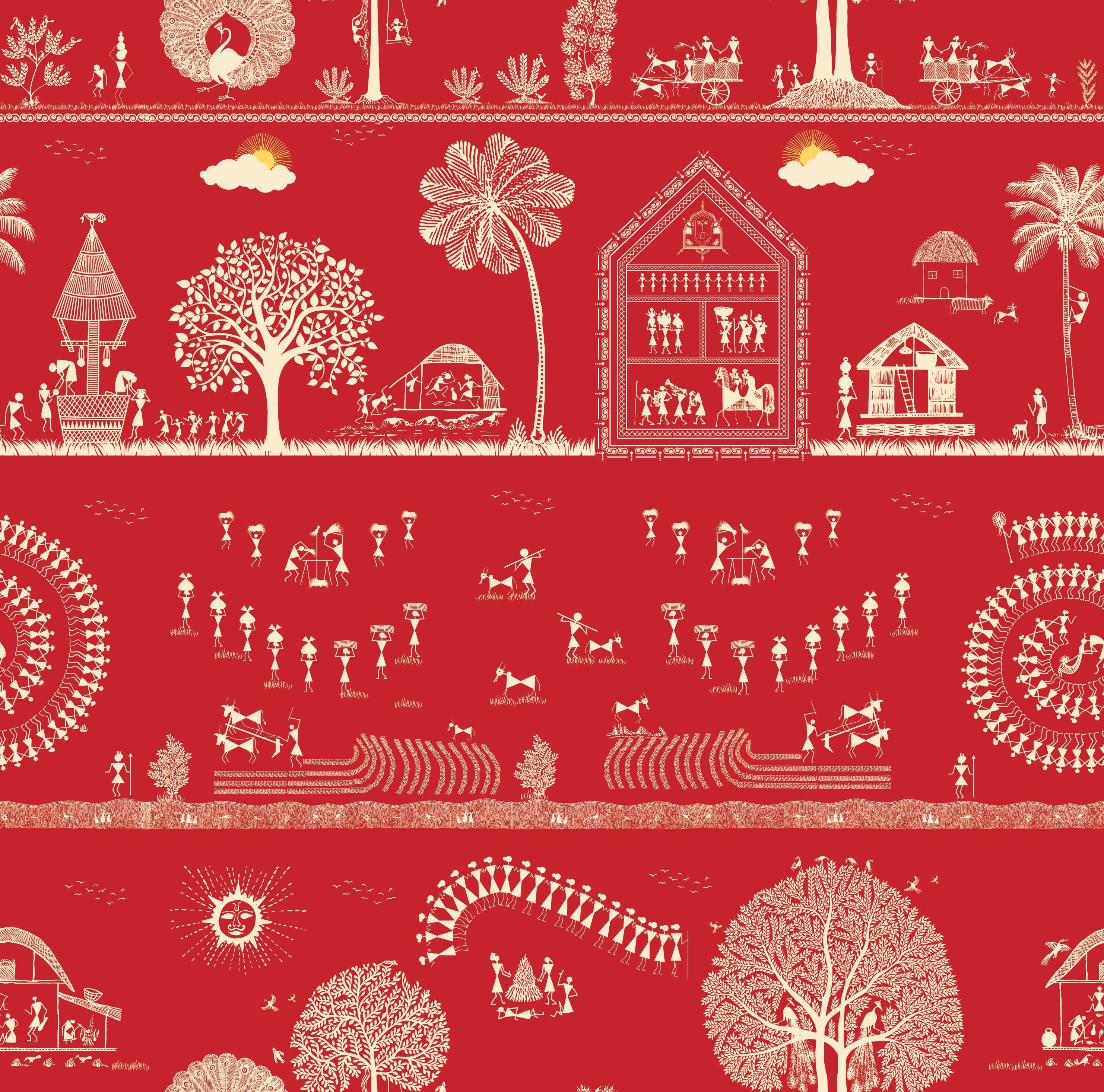 Traditional Warli folk art motifs in white on deep red background with repeating trees - view 7 - repeat-original - final
