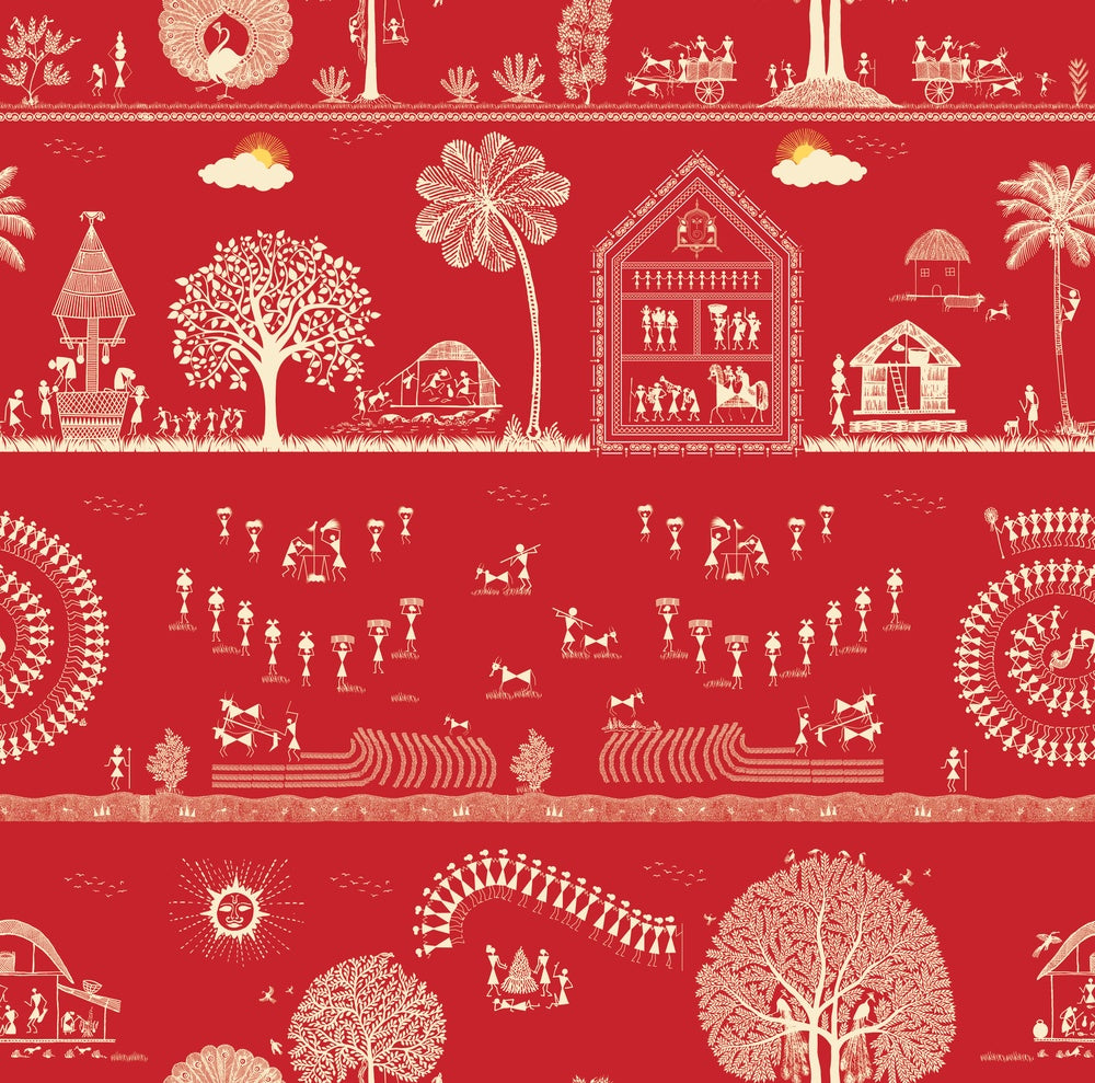 Traditional Warli folk art motifs in white on deep red background with repeating trees - view 8 - repeat-small - final