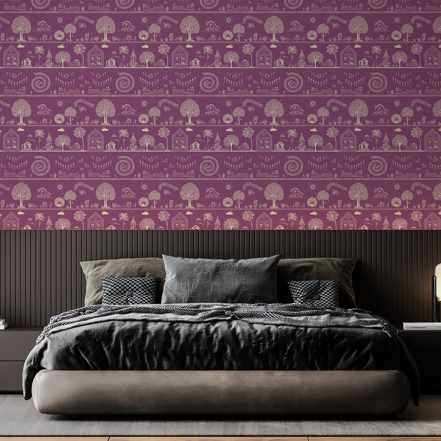 Traditional Warli folk art motifs in white on deep red background with repeating trees - view 9 - final