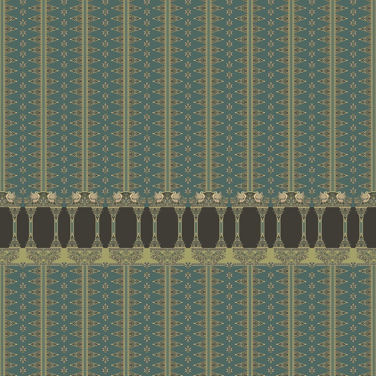 Traditional terracotta wallpaper with ornate architectural border design in rich brown and gold - view 16 - final