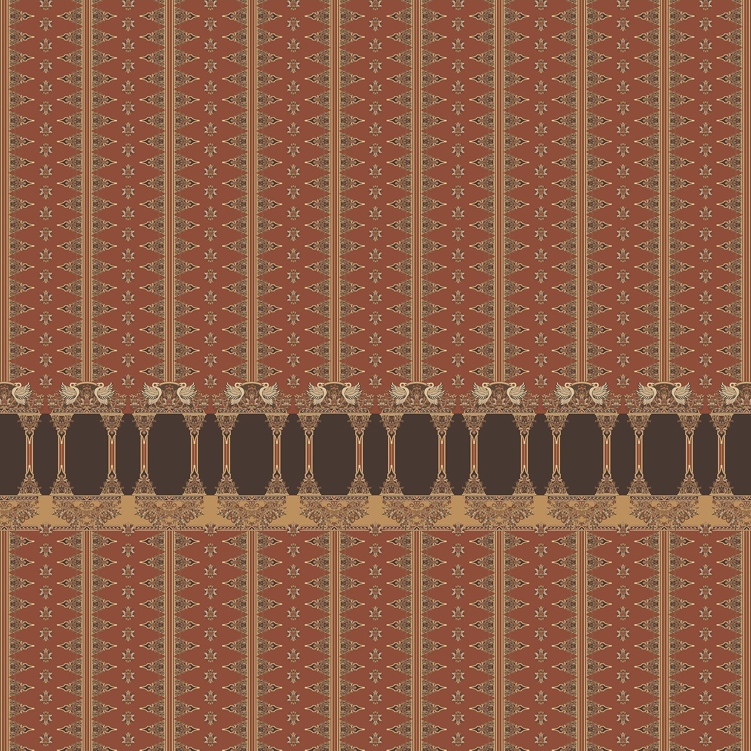Traditional terracotta wallpaper with ornate architectural border design in rich brown and gold - view 2 - final