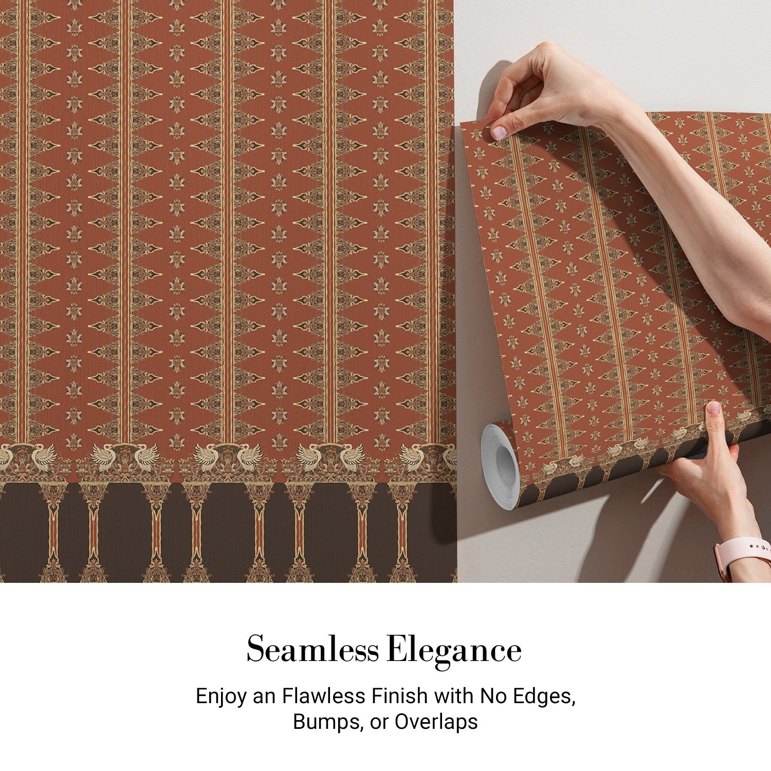 Traditional terracotta wallpaper with ornate architectural border design in rich brown and gold - view 3 - final