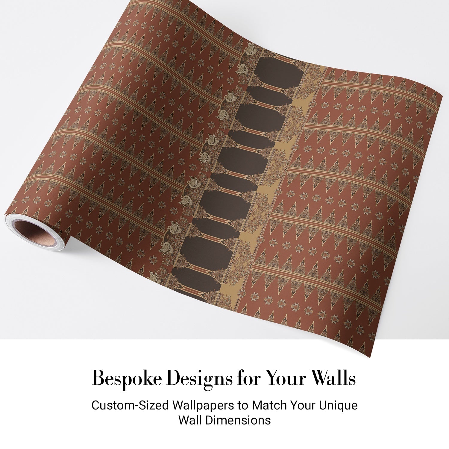 Traditional terracotta wallpaper with ornate architectural border design in rich brown and gold - view 4 - final