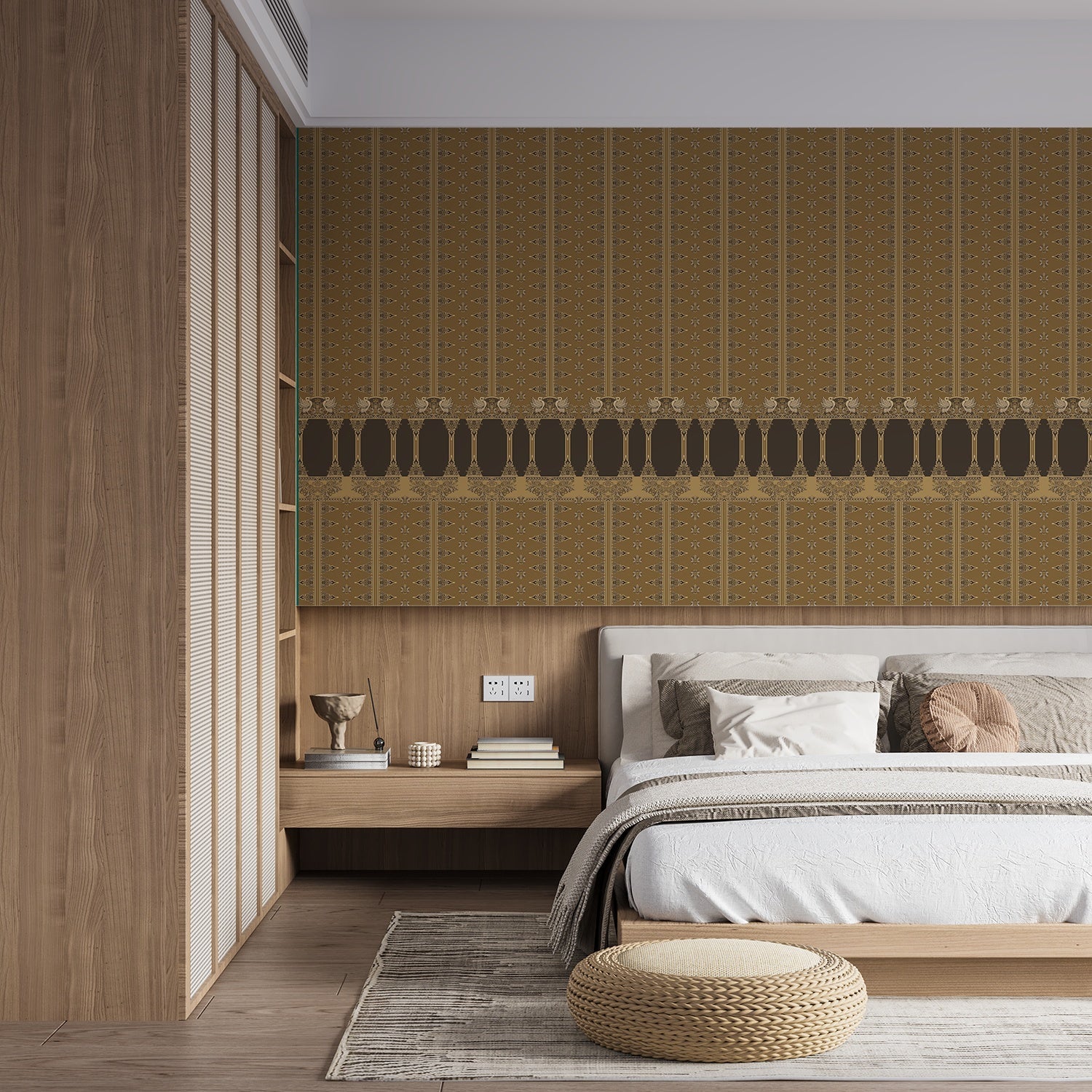 Traditional terracotta wallpaper with ornate architectural border design in rich brown and gold - view 7 - final