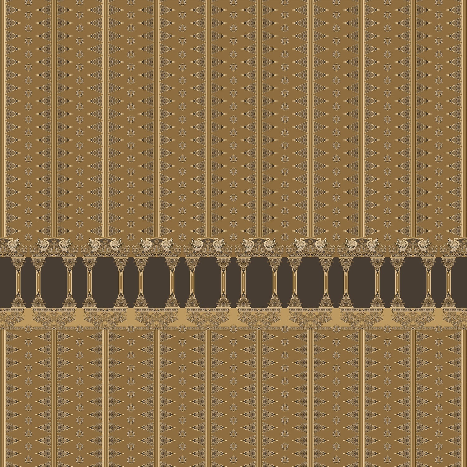 Traditional terracotta wallpaper with ornate architectural border design in rich brown and gold - view 8 - final