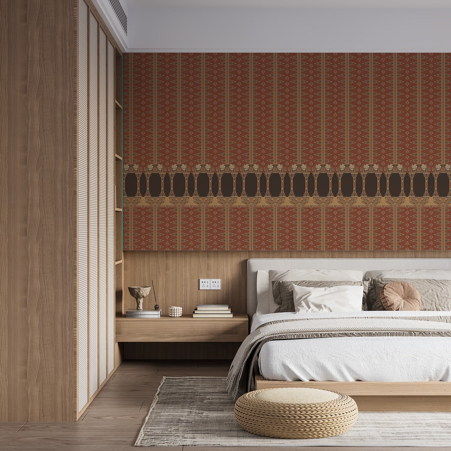 Traditional terracotta wallpaper with ornate architectural border design in rich brown and gold - final bed-room